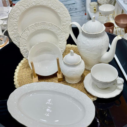 39Pcs White Porcelain Embossed Ceramic Dinner Set With Gold Rim
