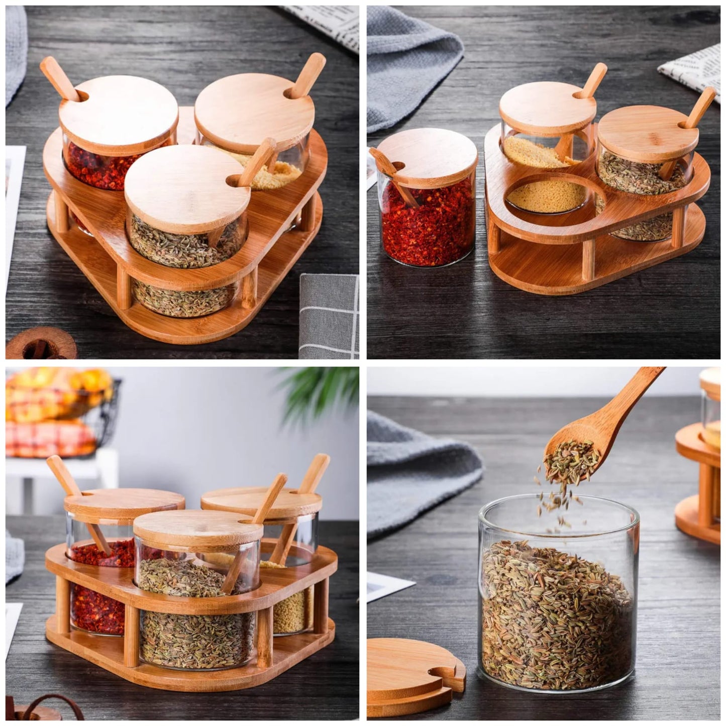 3pc glass spice containers with bamboo holder