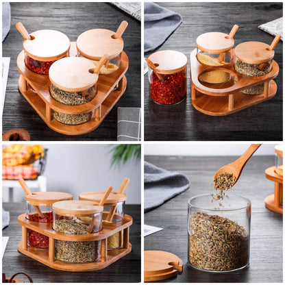 3pc glass spice containers with bamboo holder