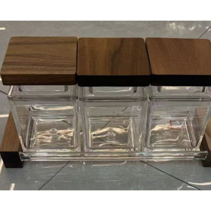 3 In 1 Glass Canister Spice Jar Set with Wooden Lids and Tray