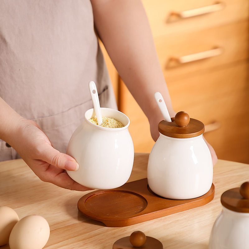3Pcs Ceramic Canister Set with Bamboo Base