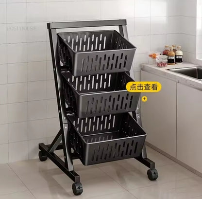 3 Tier Metallic Vegetable Fruit Rack with Movable and Lockable Wheels