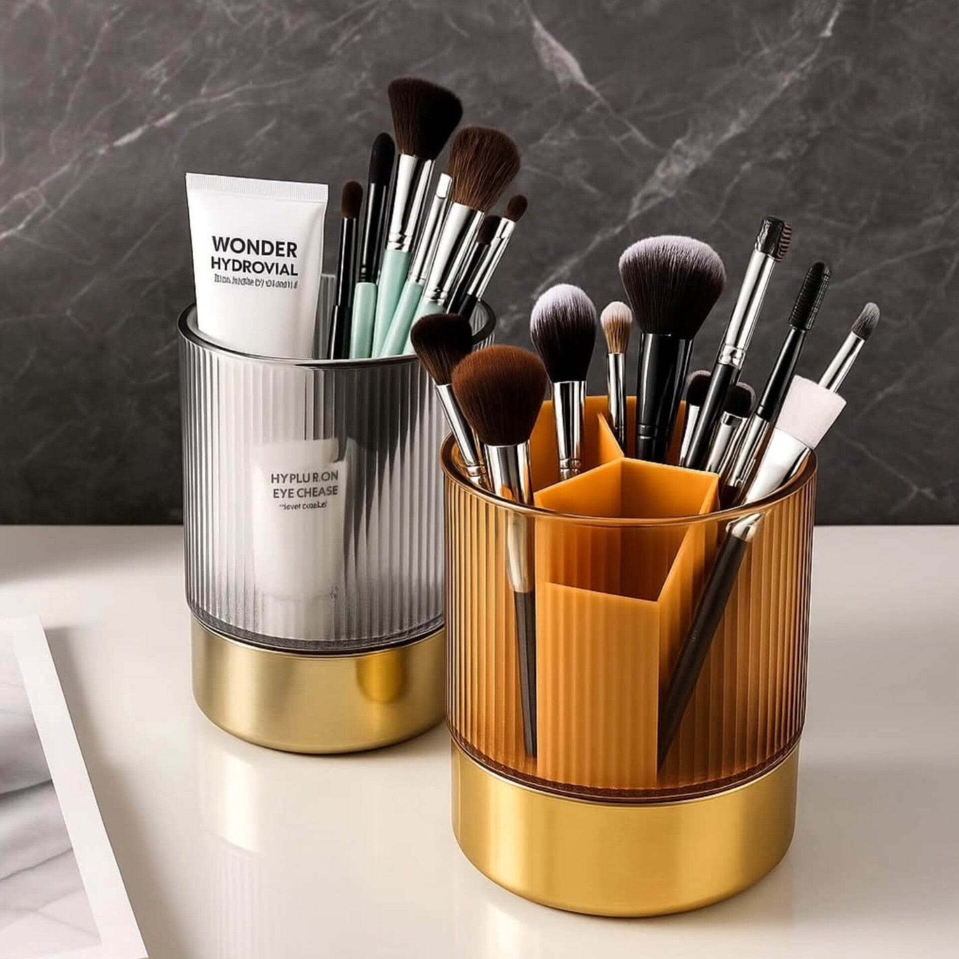 Luxury Rotating Makeup Brush Organizer with Compartments and Gold Base
