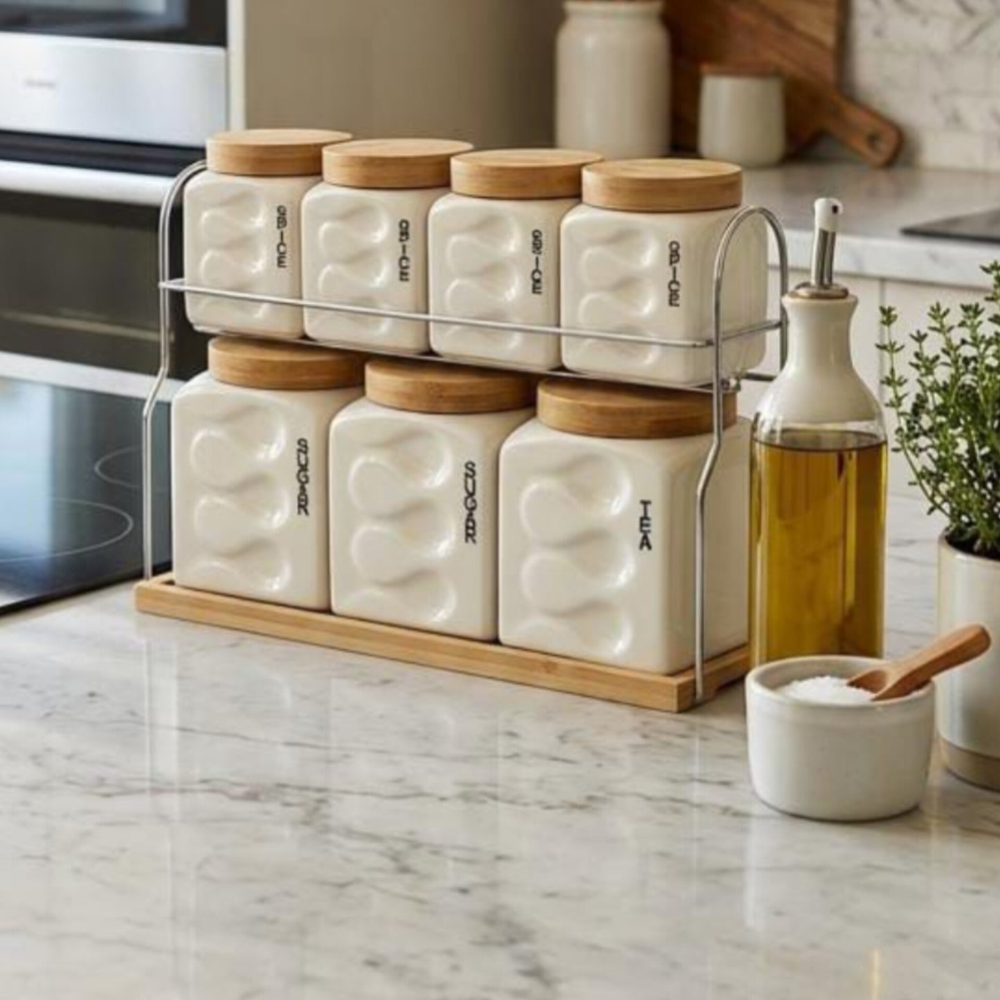 8 Pcs Ceramic Canister Set with Bamboo Lids and Tray