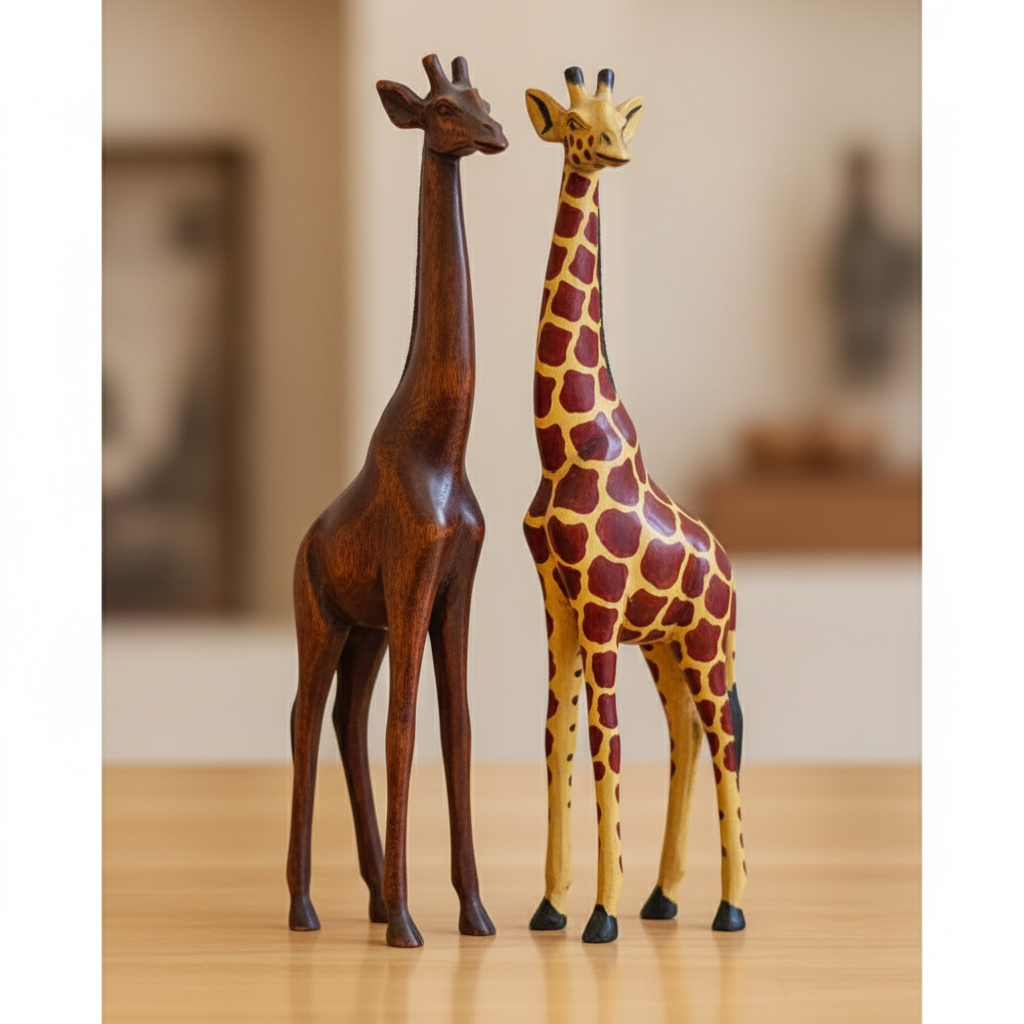 Pair of 30cm hand-carved wooden giraffe sculptures. One is solid brown, and the other is yellow with deep red/brown dotted markings.