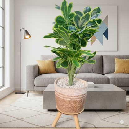 Artificial plant decor with woven basket and pebbles