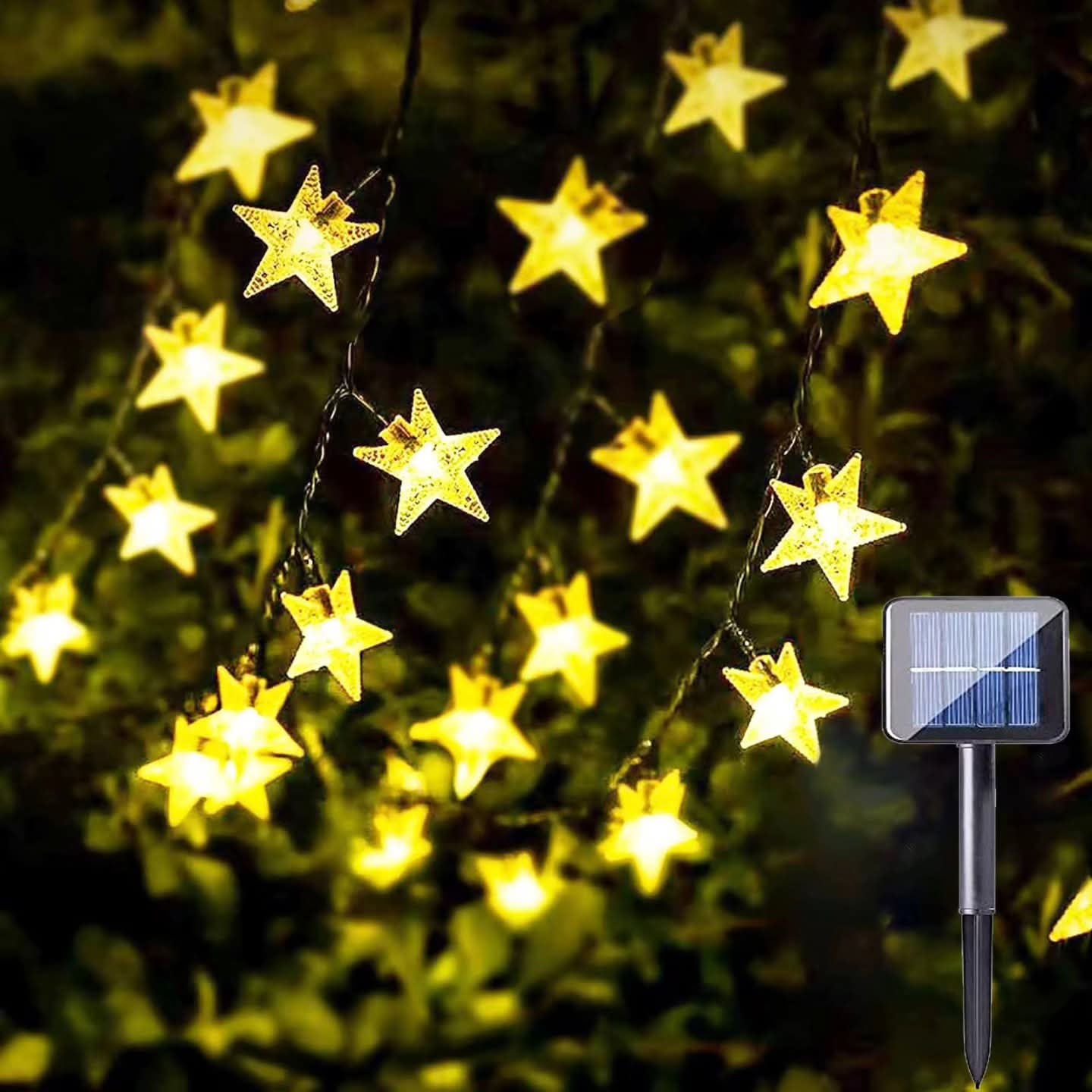 Star-shaped Christmas string lights with a solar panel 