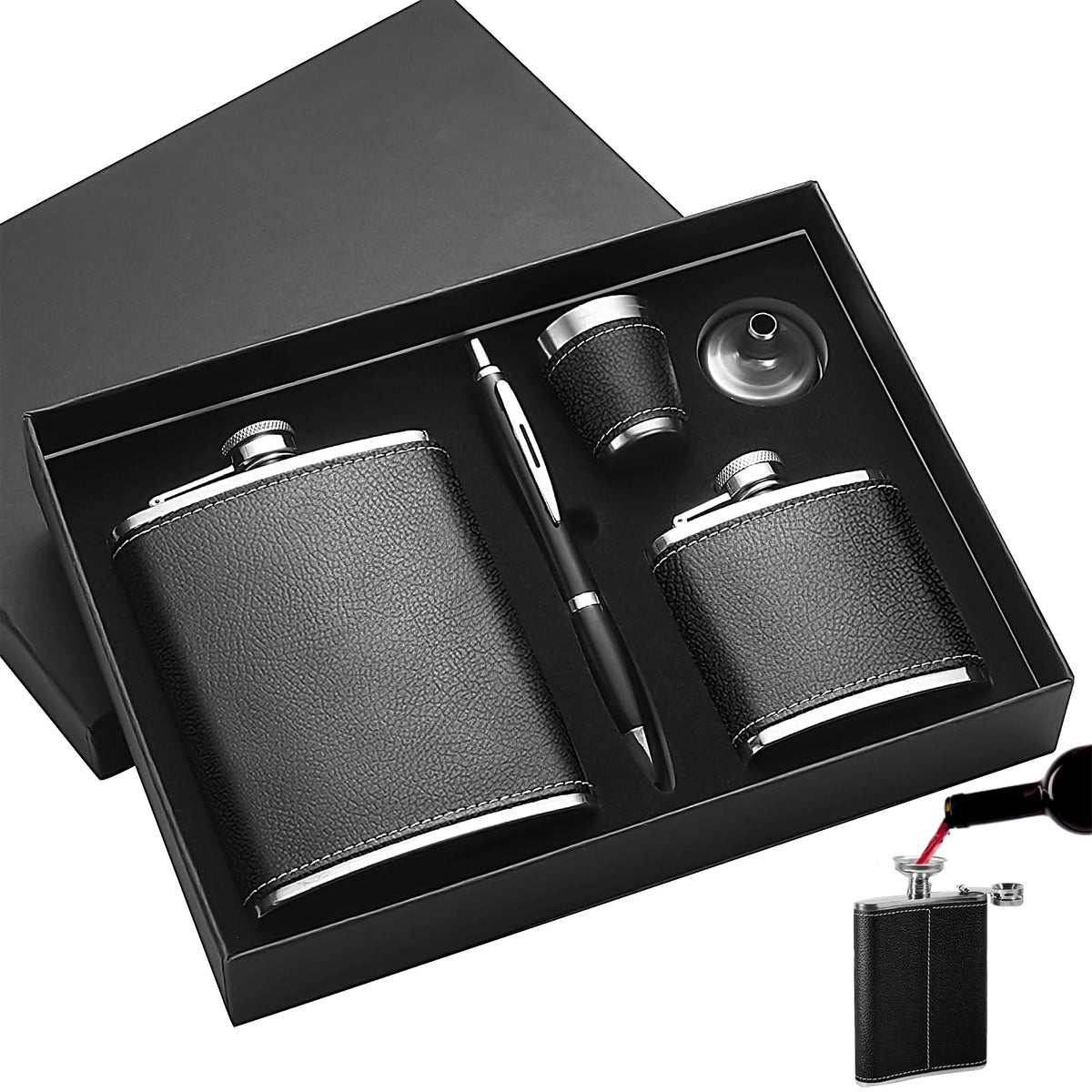 Black Leather Covered Whiskey Flasks Gift Set