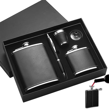 Black Leather Covered Whiskey Flasks Gift Set