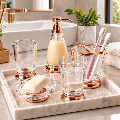 5 Piece  Glass Rose Gold Bathroom Accessory Set