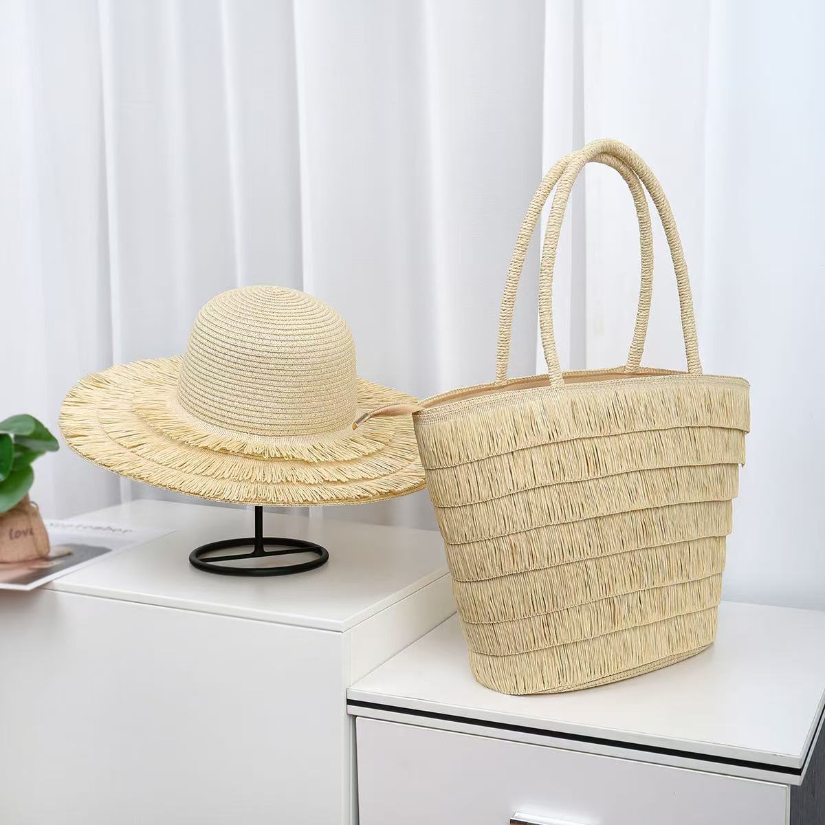 Straw Woven Beach Bag and Hat Set