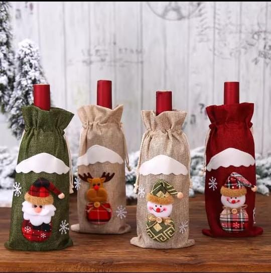 Burlap holiday bottle gift bags with Santa, reindeer, and snowman designs.