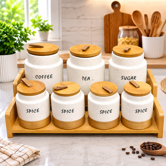 7pc White Ceramic Canister Set with Wooden Stand