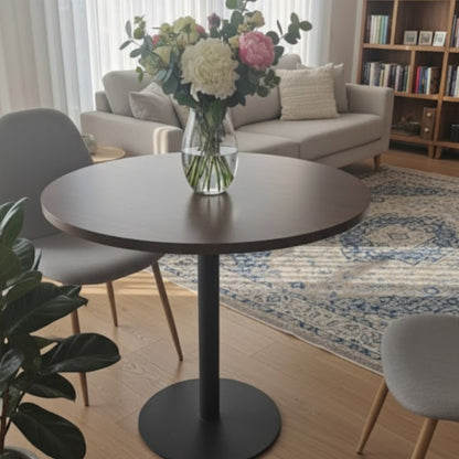 Round Wooden side table with coated metallic pedestal base