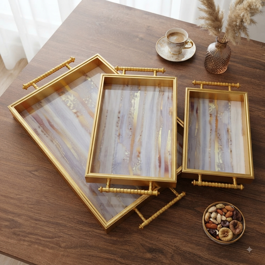 3Pc Gold Pattern Tray Set