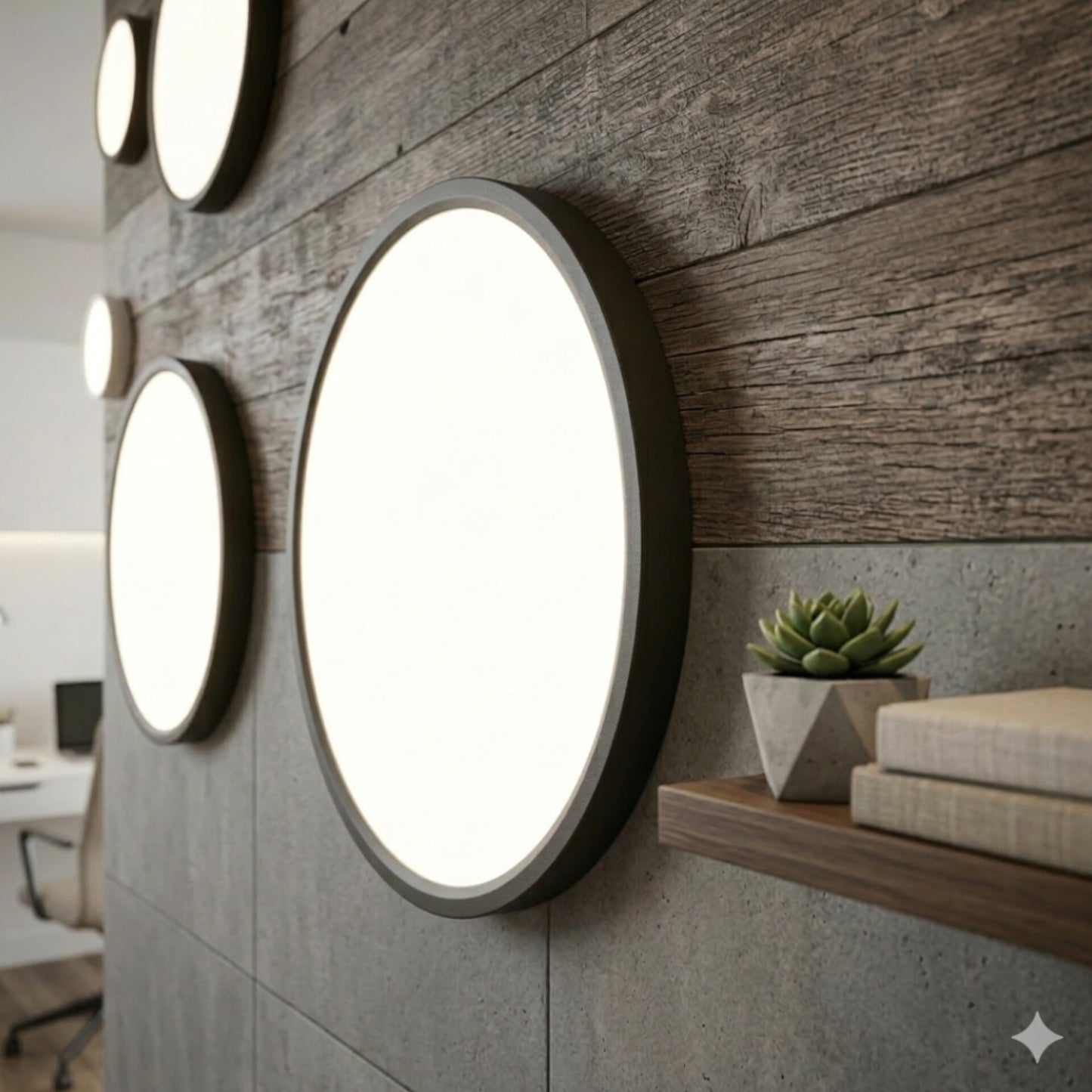 Modern wall lights with a wooden panel.