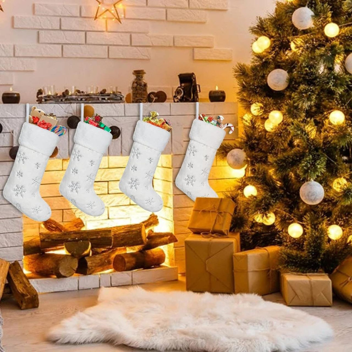 4 Pack Christmas White Faux Fur Christmas Socks with Silver Sequin Snowflakes