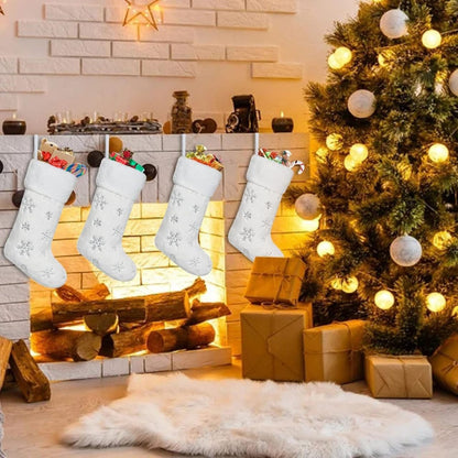 4 Pack Christmas White Faux Fur Christmas Socks with Silver Sequin Snowflakes