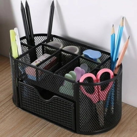 Premium Black Mesh Multi-Compartment Desk Organizer with Pull-Out Drawer