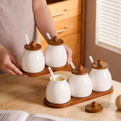 3Pcs Ceramic Canister Set with Bamboo Base