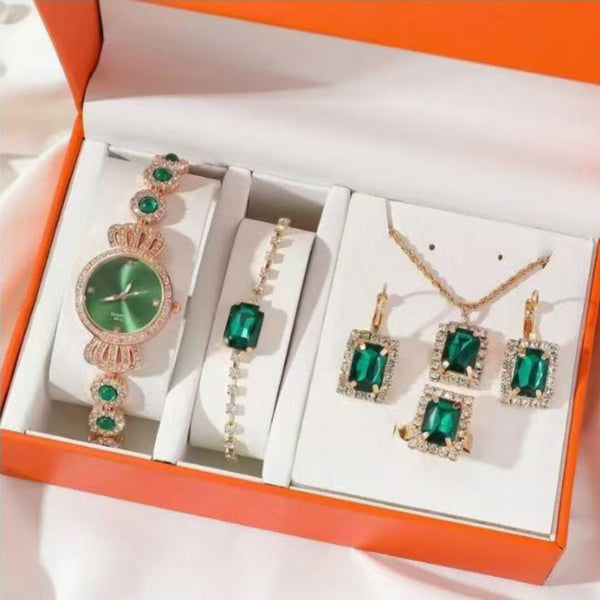 5 Pcs Green Ladies Jewelry and Watch Gift Set