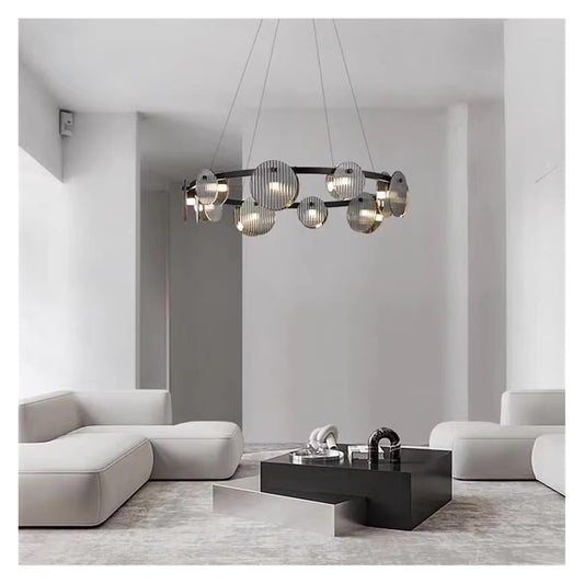 Glass round black pendant chandelier with 8 bulbs