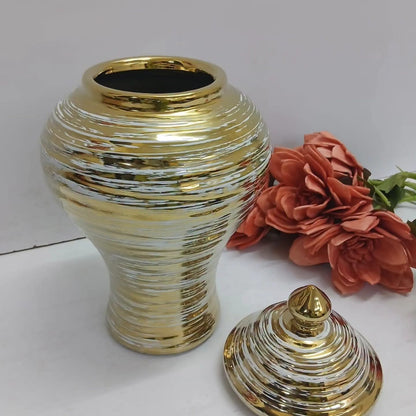 Ceramic Gold Plated White Striped Vase