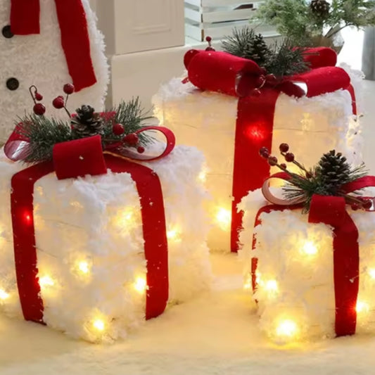 3Pc Christmas gift box decor with lights red ribbon
