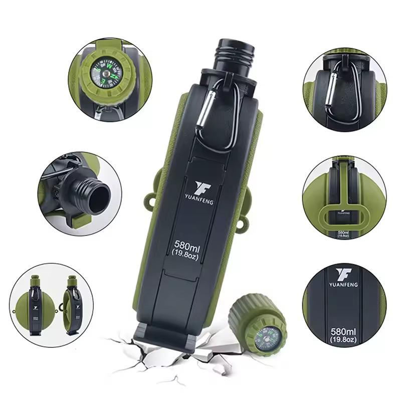 Yuanfeng 580ml foldable silicone water bottle with a carabiner, integrated compass