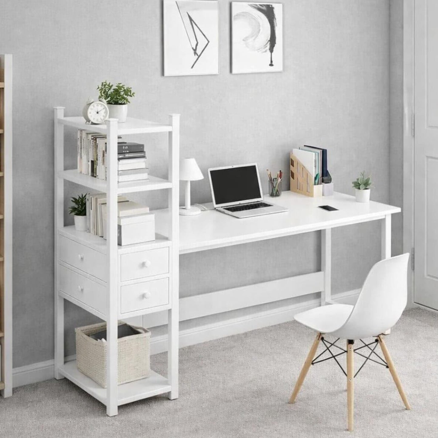 Minimalist Workstation with Storage Shelves and Two Drawers