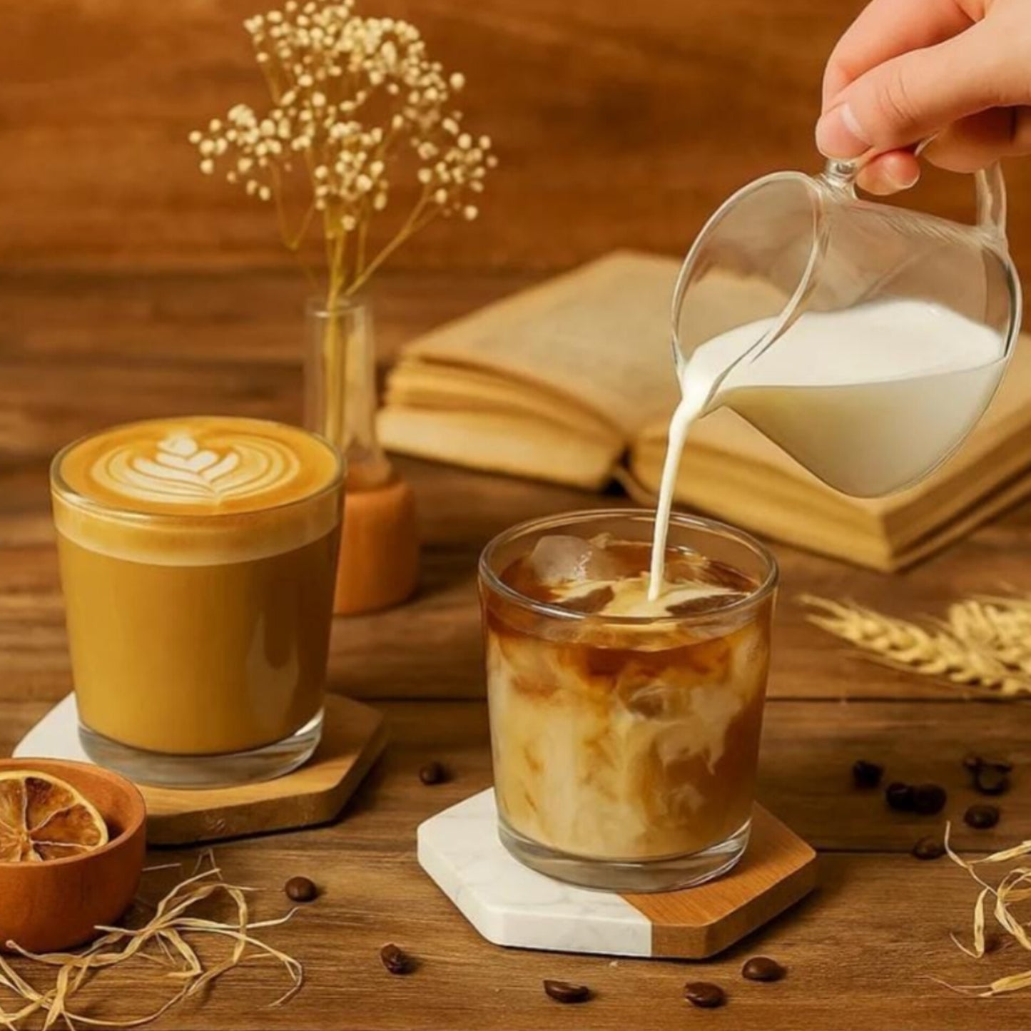 Set of 6 Hexagon Coasters with White Marble and Natural Wood Base