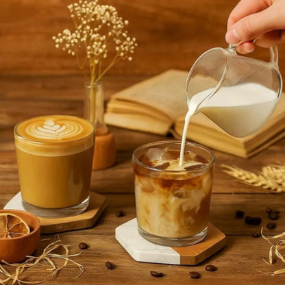 Set of 6 Hexagon Coasters with White Marble and Natural Wood Base