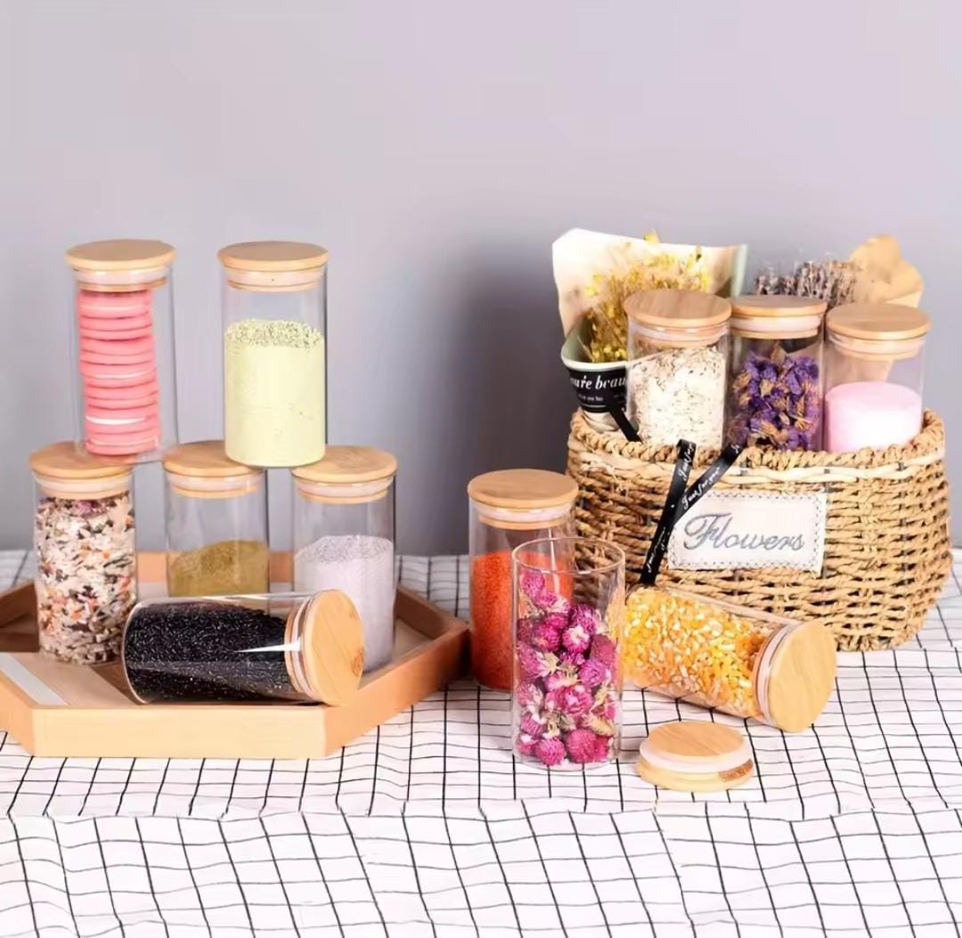 4pc glass spice jars with airtight bamboo lid