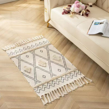 Bohemian bedroom rug with tassels