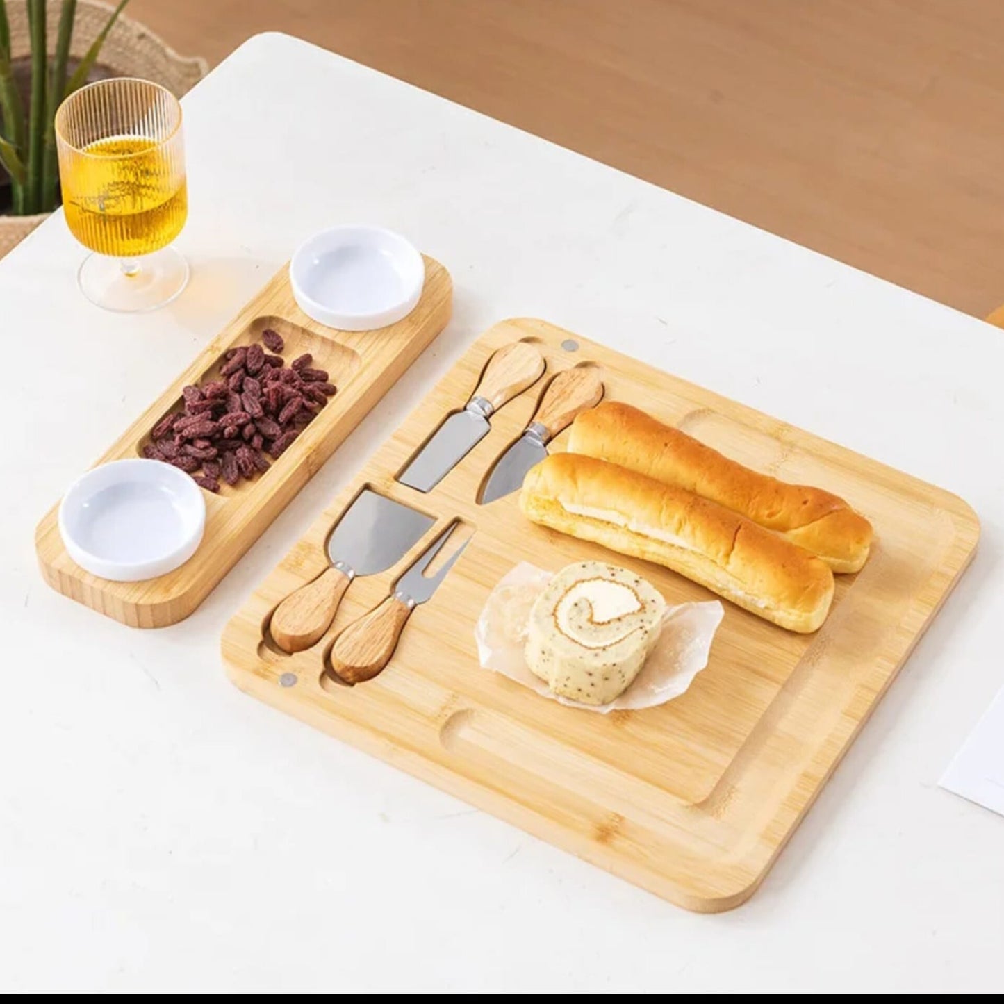 Bamboo Cheese Board and Cutlery Set with Ceramic Bowls