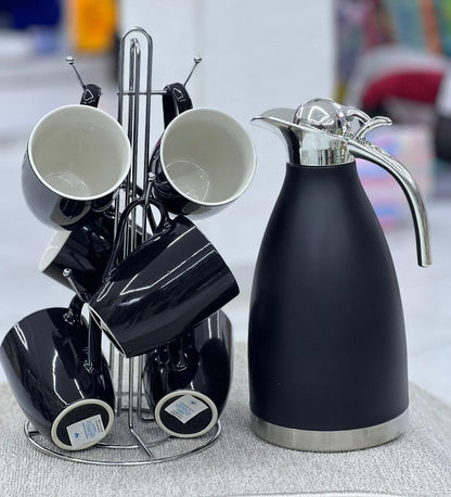Black Flask and 6 Mugs Set