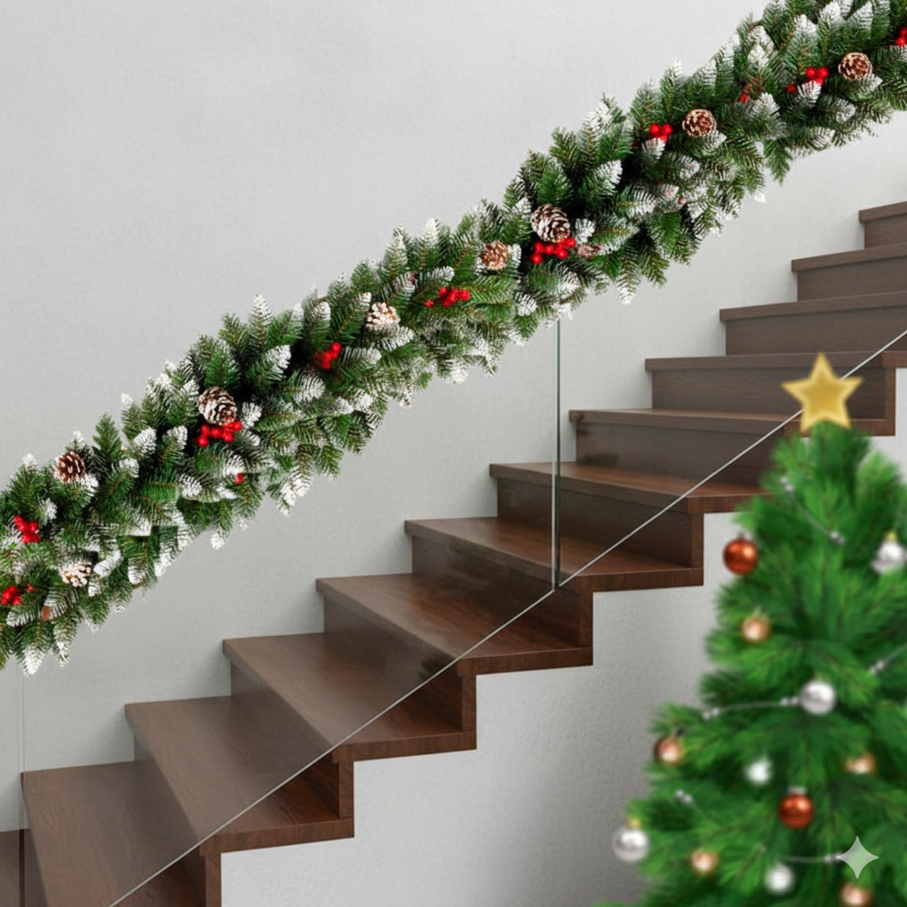 2.8M Christmas Garland With Pine Cones Res Berries And Snow Tips