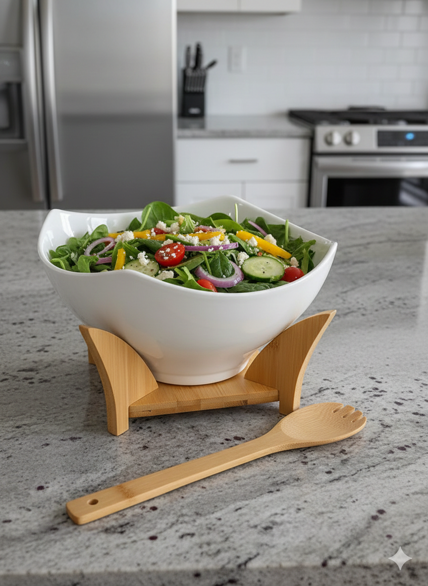 Ceramic salad bowl with bamboo stand