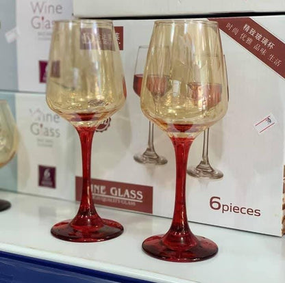 6Pc Red Stem Gold Wine Glasses