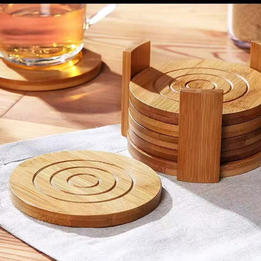 6Pc round bamboo coaster set