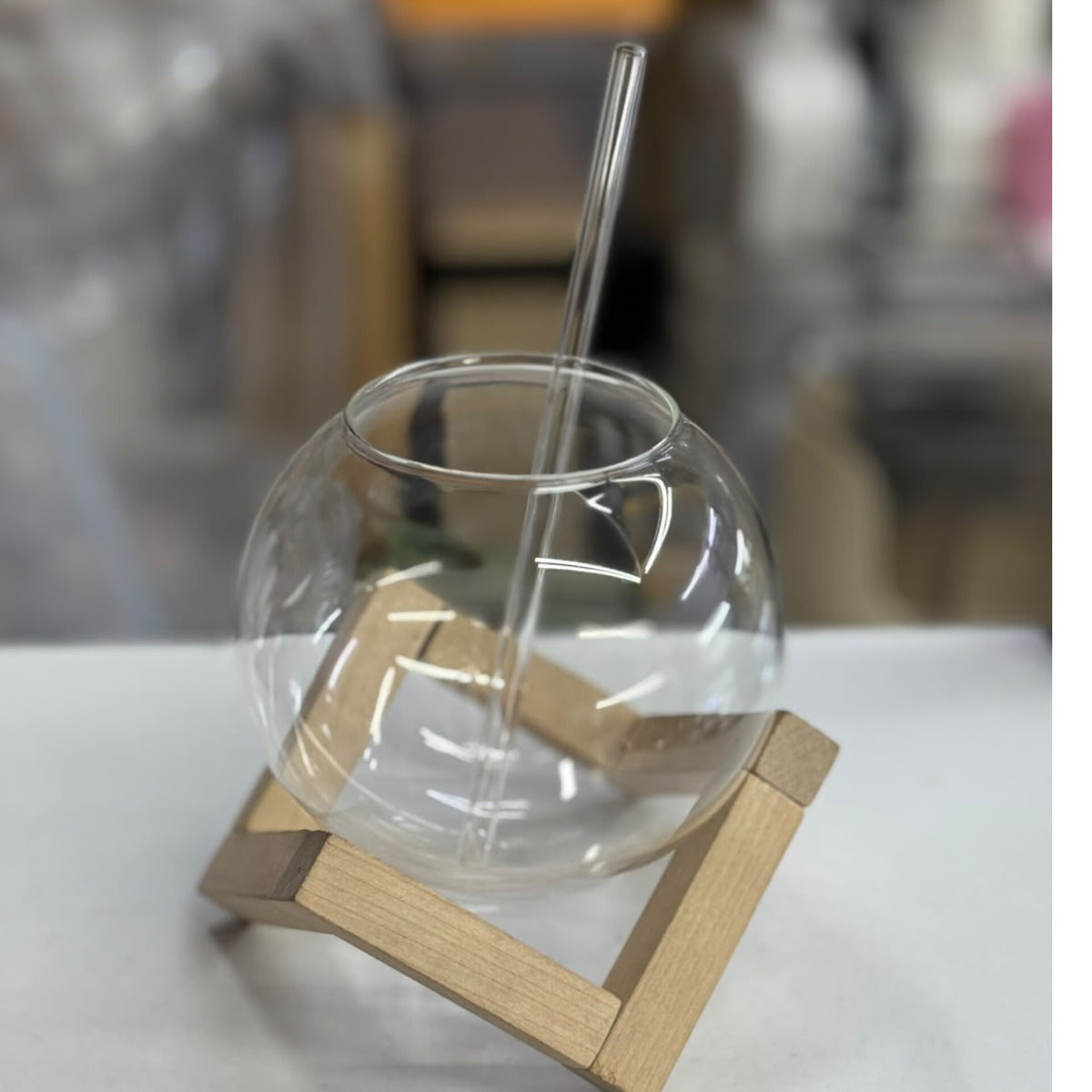 Glass Juice Cup With Straw And Bamboo Base