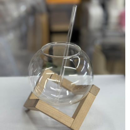 Glass Juice Cup With Straw And Bamboo Base