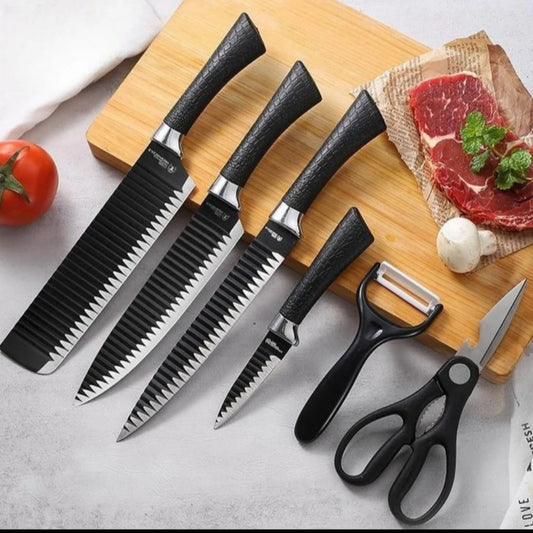 6pc Wave pattern knife black set
