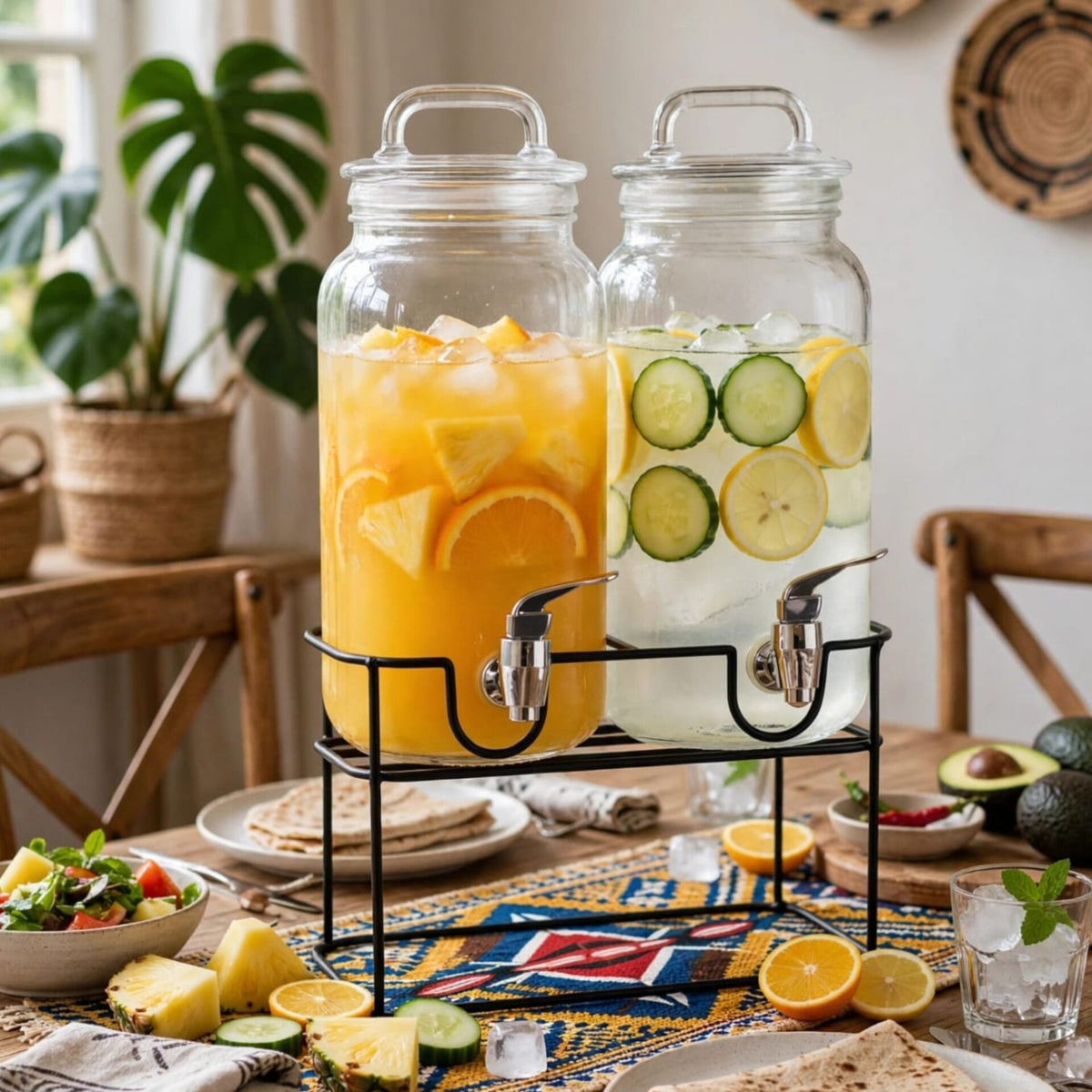 Double Glass Juice Dispenser Set with Black Stand