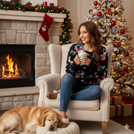 Woman wearing a black and red reindeer Christmas sweater.