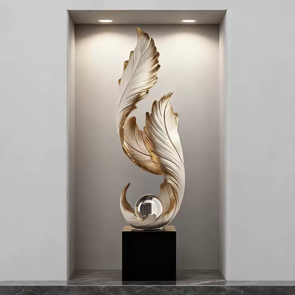 Gold Resin Feather Sculpture With Clear Ball