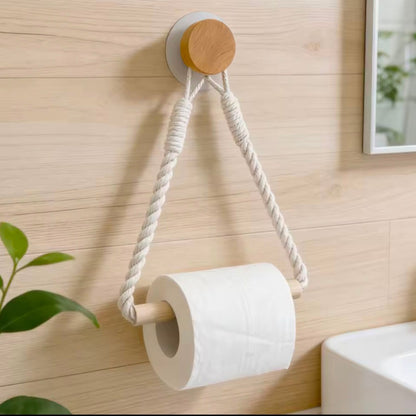 White Cotton Rope and Wooden Rod Paper Holder
