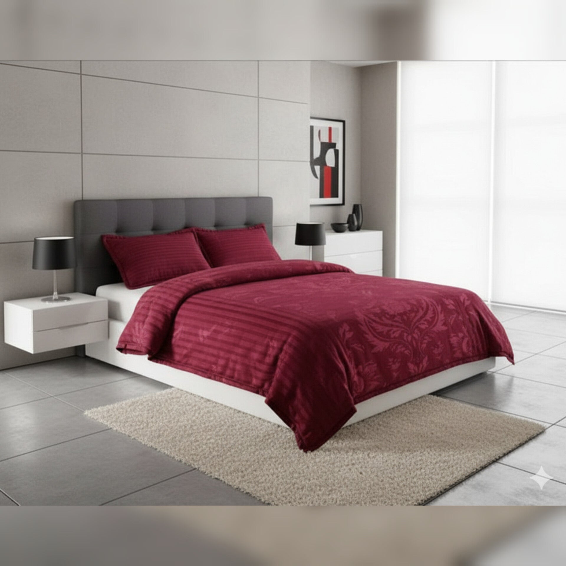 Luxury velvet duvet bedding set with damask pattern in multiple colors: red, green, blue, gray, and black.