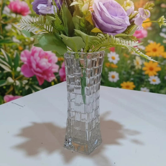 Heavy Clear Square Checked Glass Flower Vase (18cm)