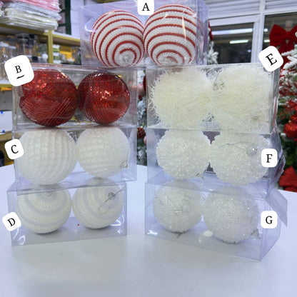 2 Large Textured White Glittering Red Christmas Balls Ornaments 10cm